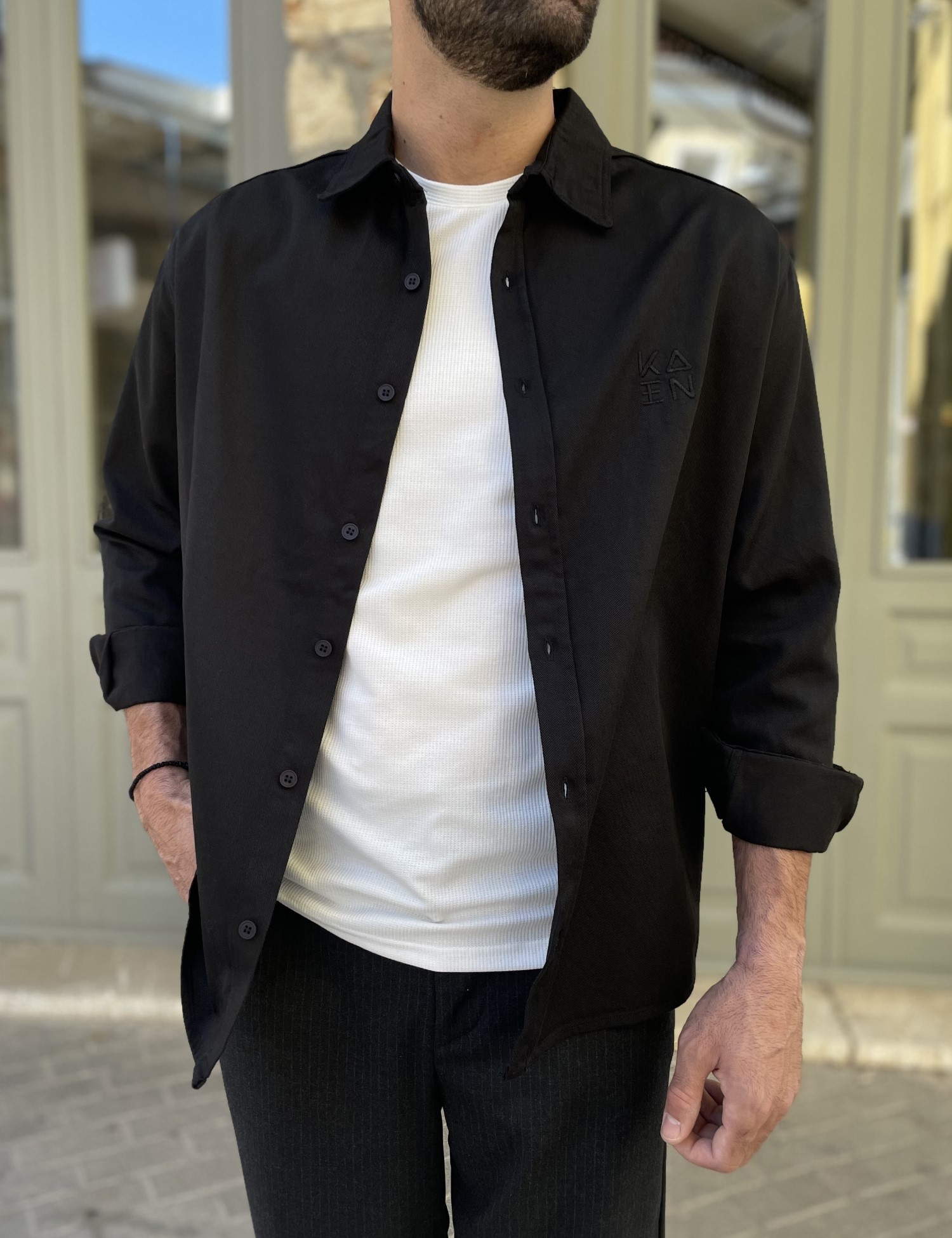 KAEN Ανδρικό μαύρο overshirt με γιακά 4529M